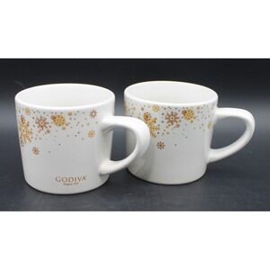Godiva Set of 2 Cappuccino Mugs White Gold Snowflake Holiday Coffee Cups